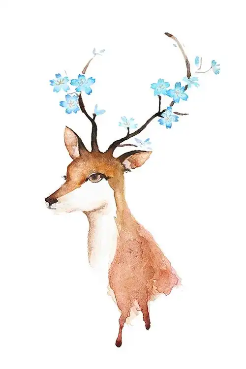手绘鹿角开花的麋鹿