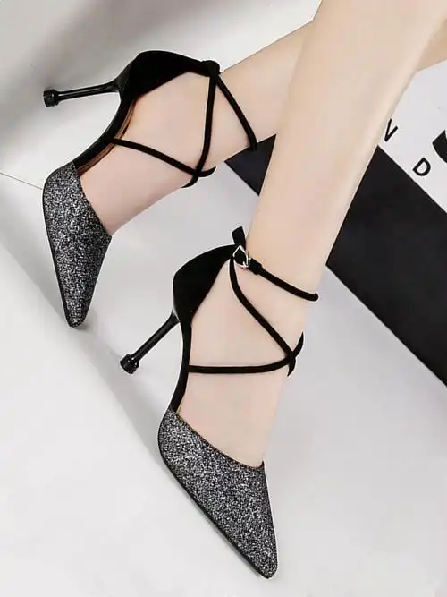 新款欧美性感夜店亮片单鞋尖头拼色一字带 凉鞋女鞋显瘦细跟高跟鞋