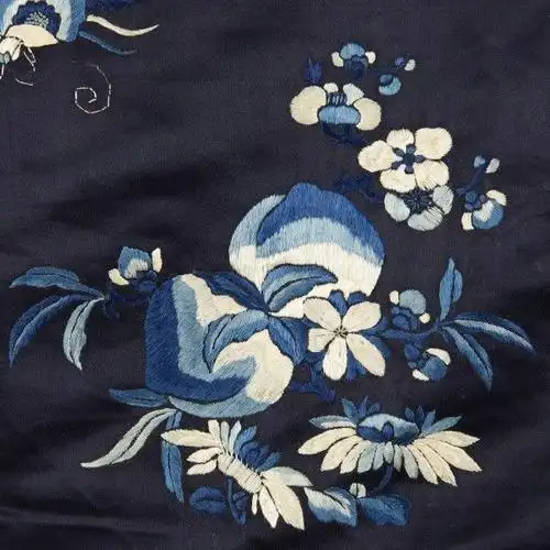 民族服饰 - 汉族 - 石青缎三蓝绣瓜蝶寿桃纹对襟女褂