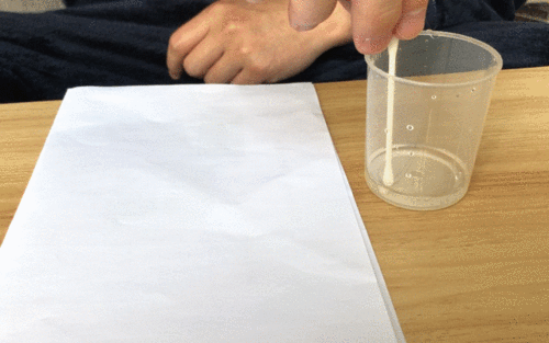 在量杯中加入10ml的清水,同时在一次性杯子中加入热水,倒入部分变色花