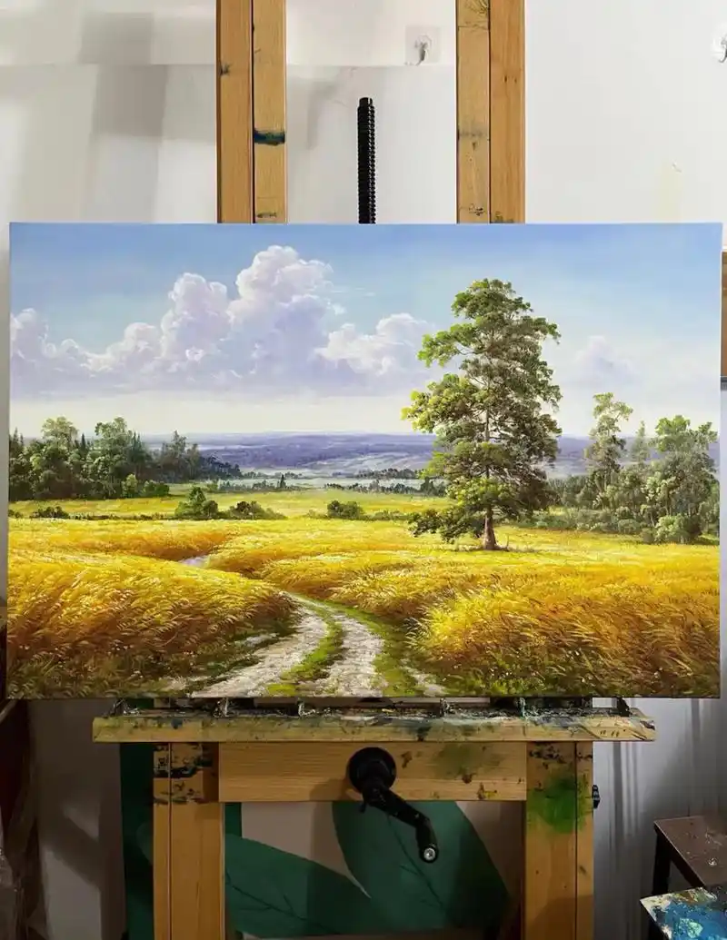 麦田丰收田野风景油画—手绘.无边的麦田,绿油油,清爽爽,活脱 - 抖音