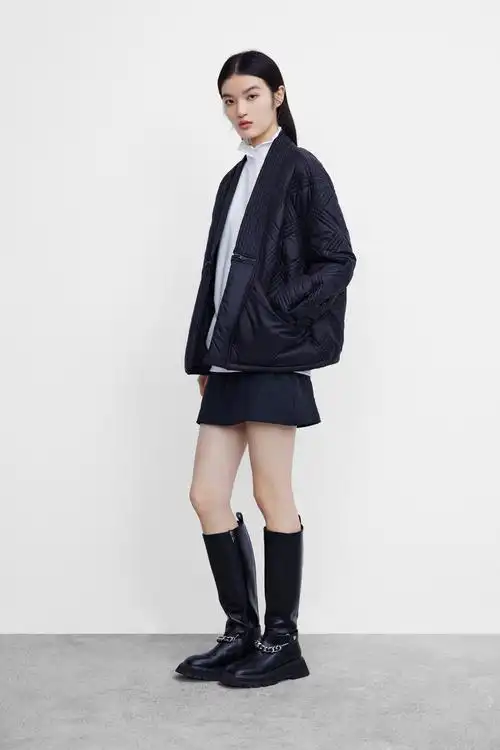 ur2021秋冬新品女装洋气休闲和服领格纹绗缝宽松棉服wl40r1jn2000