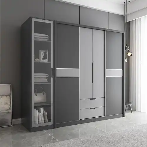 北欧收纳衣橱四门灰色简约经济型落地现代衣柜衣柜