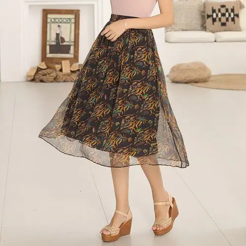真丝半身裙长款夏季新品桑蚕丝碎花半裙小众a字纱裙女半身长裙子