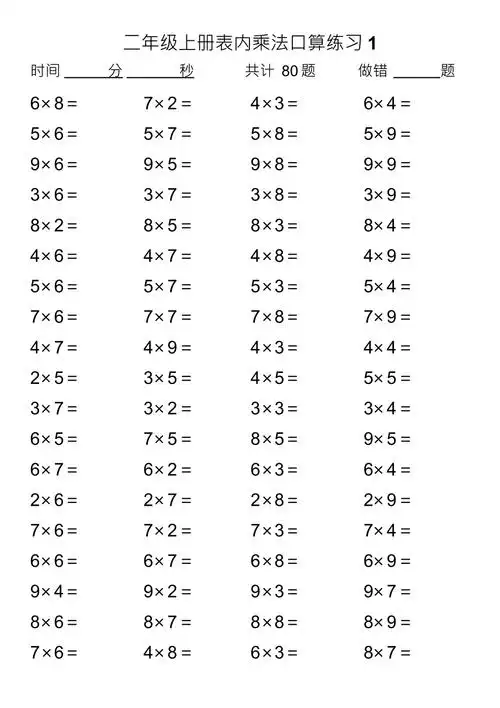 乘法表内口算练习题