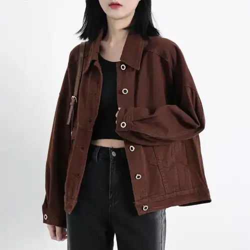 咖啡色牛仔外套女2022春秋新款复古百搭宽松设计感小众夹克上衣潮