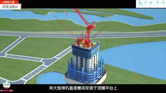 空中造楼机:超高层建筑施工顶模系统三维动画演示,长见识了-教育视频