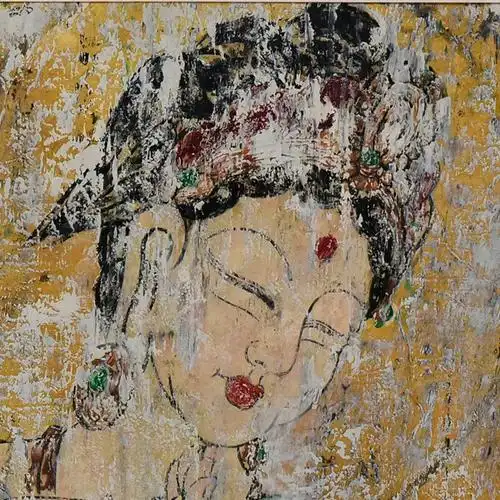 西泠印社沈鼎雍宣纸油画国画绿衣持莲观音图绿衣持莲观音壁画文房四宝