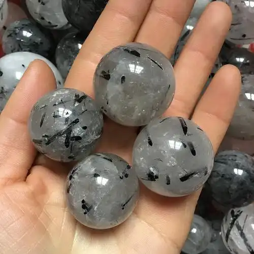 天然黑发晶球 黑碧玺水晶球摆件 招财镇宅