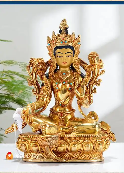 绿度母佛像尼泊尔手工全鎏金镶嵌彩珠度母像藏传密宗供奉摆件7寸