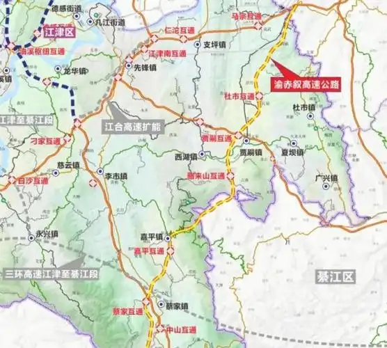 止于江津区中山镇西侧渝川省界处,顺接渝赤叙四川段