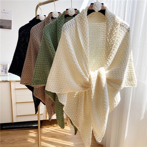 纯色秋冬薄长款镂空针织防晒衫大披肩开衫女配裙小外套空调房外搭