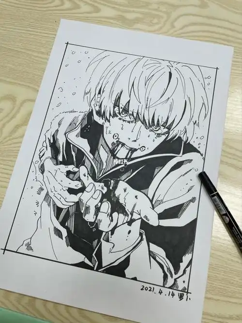 咒术回战狗卷棘手绘黑白线稿过程临摹