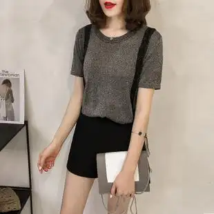 夏季新款韩版钩花蕾丝拼接t恤女短袖宽松亮丝半袖上衣打底针织衫