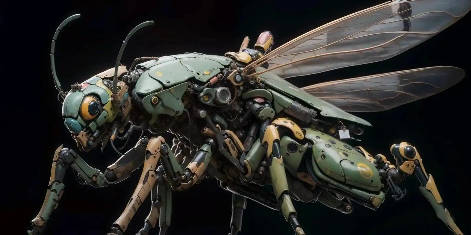 一组ai生成的机械昆虫插画作品,将昆虫的外骨骼替换成了机械外甲,by