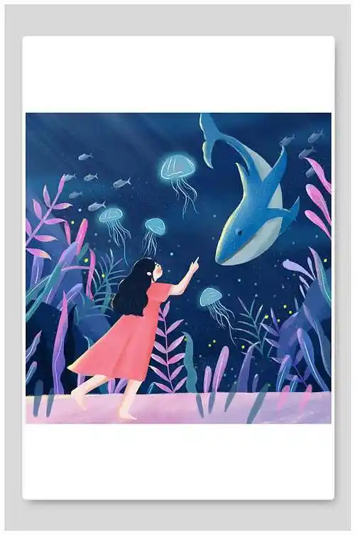 蓝色简约清新海洋动物人物卡通插画
