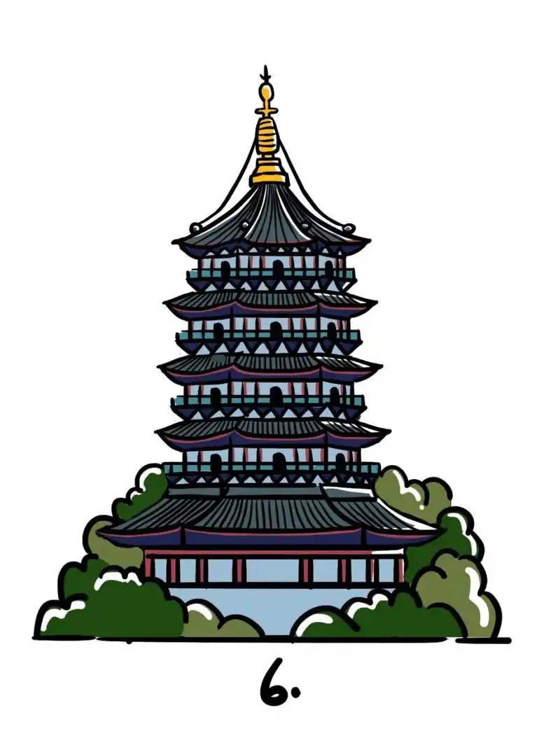 地标建筑简笔画教程26 雷峰塔又名"黄妃塔",位于西湖南岸夕照山的