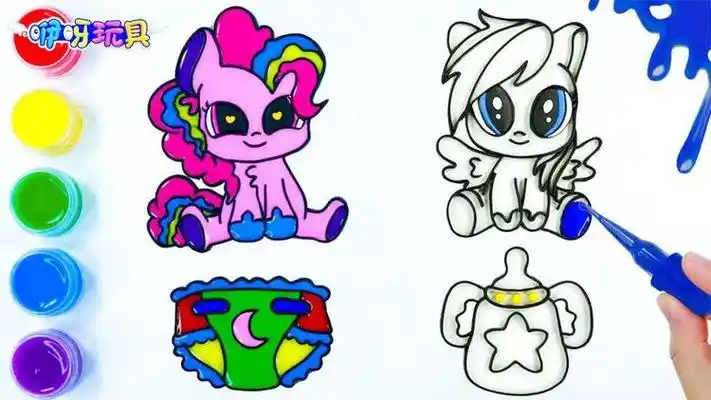 儿童简笔画:让我们一起绘制小马宝莉,涂上喜欢的颜色并学习英语