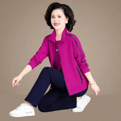 均妮 中老年运动套装女春秋款大码运动装妈妈装中年妇女休闲运动服三