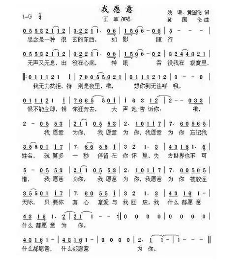 王菲演唱版我愿意简谱