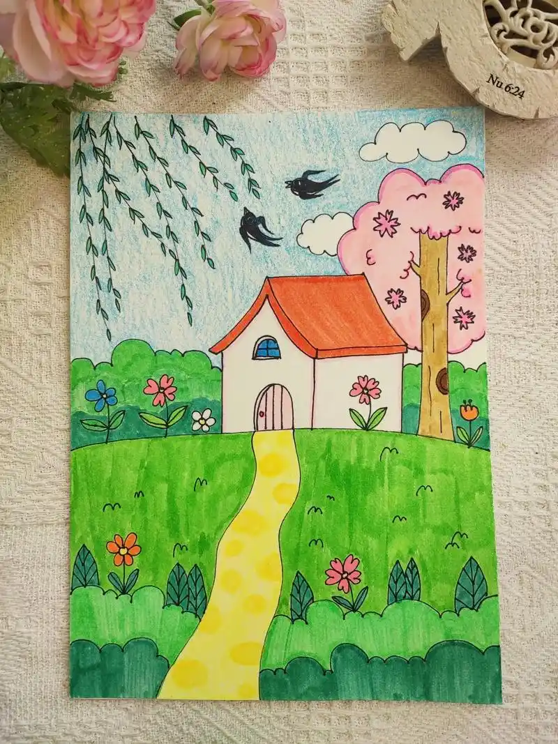 春天主题儿童画.春天到了,樱花盛开,燕子飞来,柳树发芽,一起