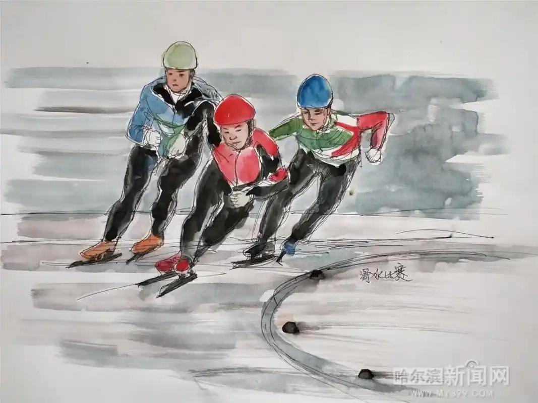 手绘冰雪运动场景系列丨六旬老人钢笔画出市民玩冰雪表情包