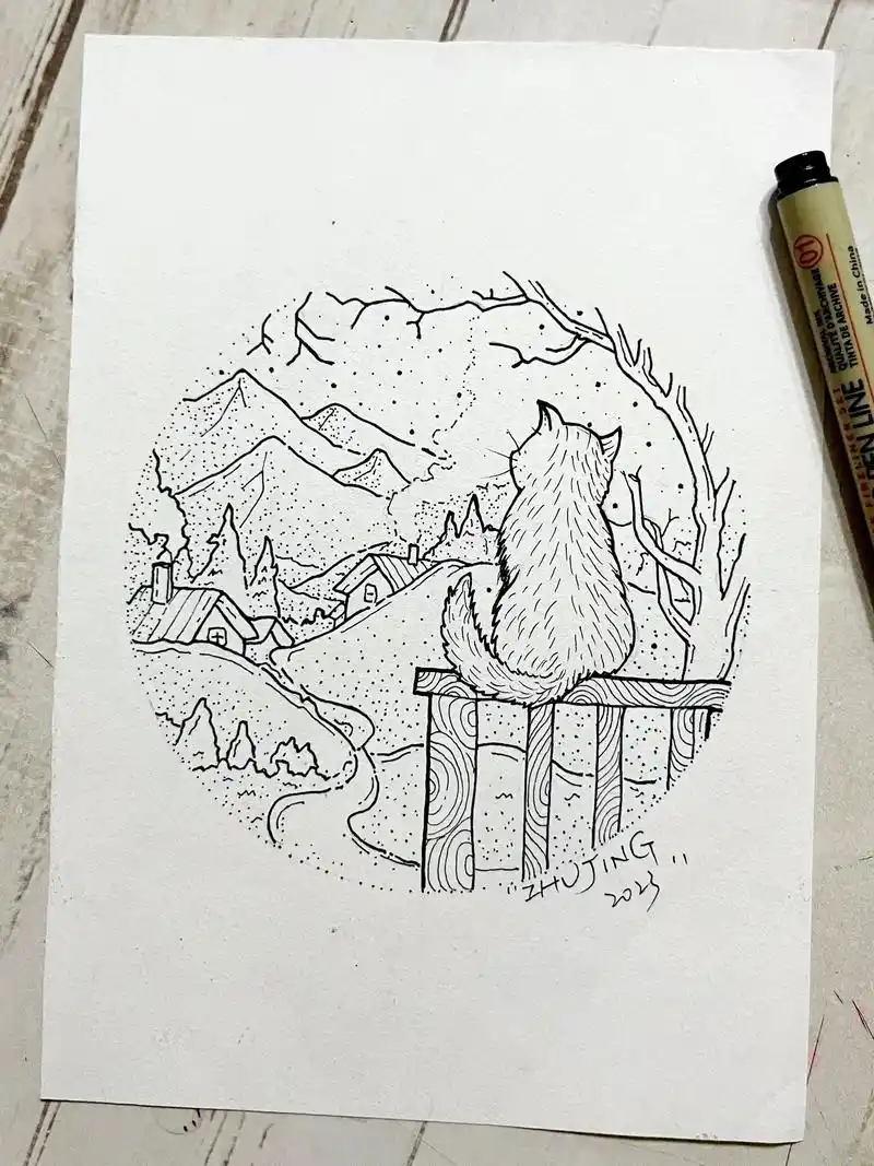 一只孤独的猫#画个小画 #绘画过程分享 #钢笔画速写 #黑白 - 抖音