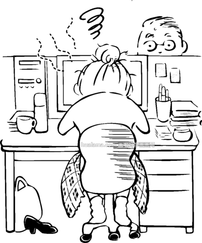 办公室女郎埋头认真工作简笔画图片