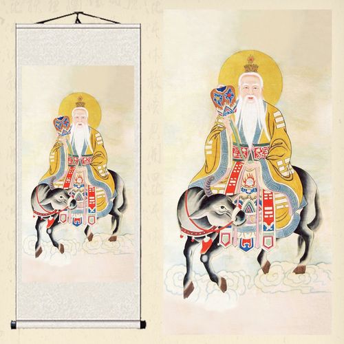 道教神像太上老君画像老子骑牛卷轴画太清道国画