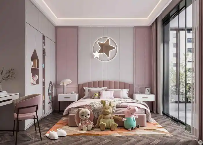 女儿房,主色调采用了大部分女孩子都喜欢的粉色,粉嫩可爱又不失天真