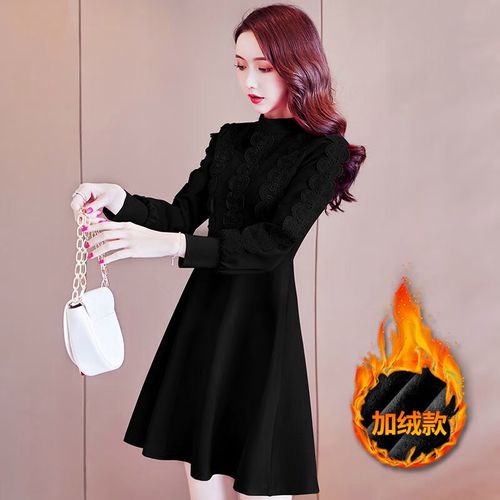 卡富亚女士冬季加绒带绒加厚150矮小个子短款遮肚子显瘦连衣裙长袖