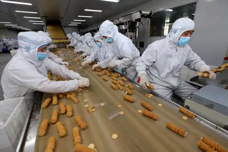 4月30日,山东省枣庄市孟庄镇一家食品企业工人在包装生产的饼干.