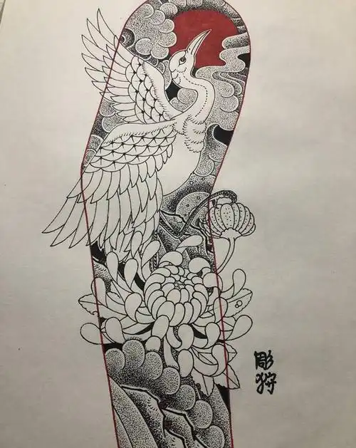 日式仙鹤花臂手稿纹身图片_手臂手部老传统纹身图案