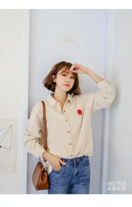 韩都衣舍2018韩版秋装新款中长款宽松刺绣笑脸休闲女衬衫pc7852晽