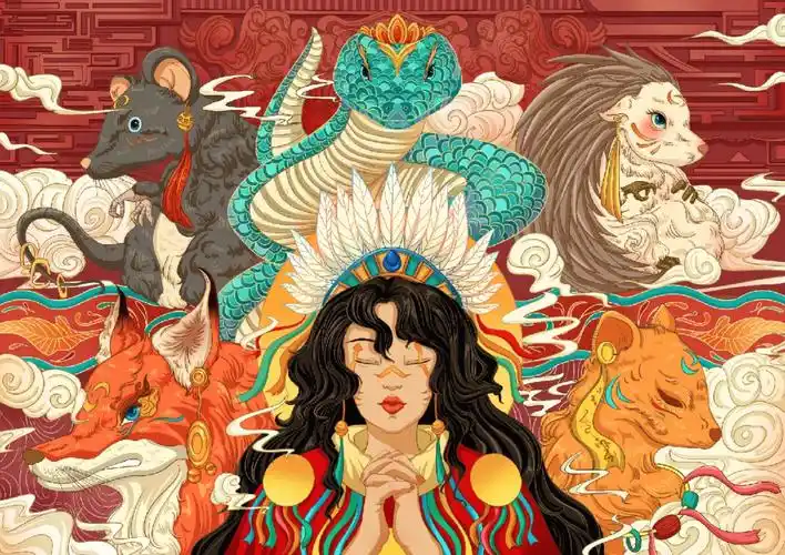 新国风插画萨满风格五位仙家毕业设计