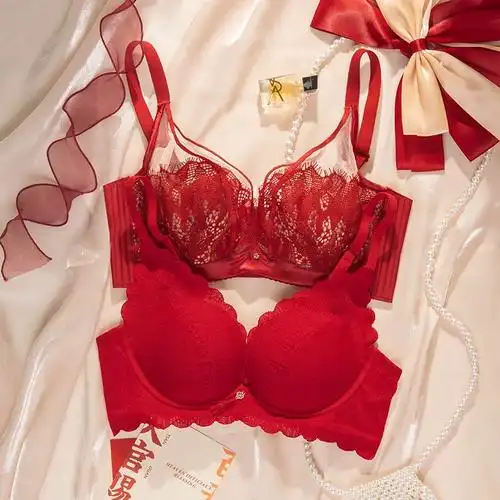 红色内衣女士结婚新娘大胸显小胸性感蕾丝超薄款本命年文胸罩套装