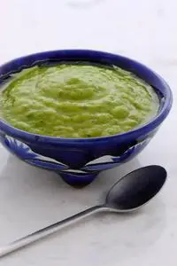 墨西哥鳄梨酱用新鲜鳄梨,柠檬汁,醋和甜椒制成,放在手工陶罐上照片