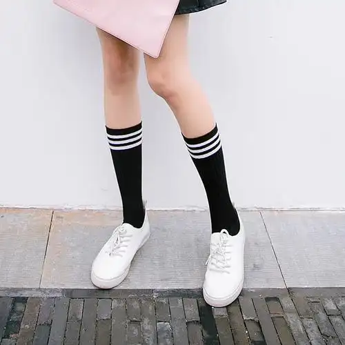 韩国纯棉长筒三条杠女袜学院风高筒白色条纹显瘦袜子滑板袜学生袜