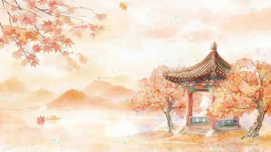 4k唯美水墨古风建筑背景ae模板国风亭子枫叶飘落水墨插画背景