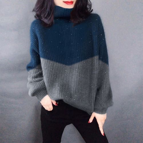 毛衣外穿高领拼色亮丝洋气上衣欧洲站冬季女装毛衣