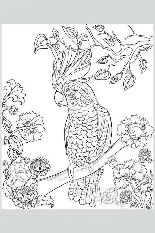 鹦鹉树枝魔法森林动物线稿矢量素材