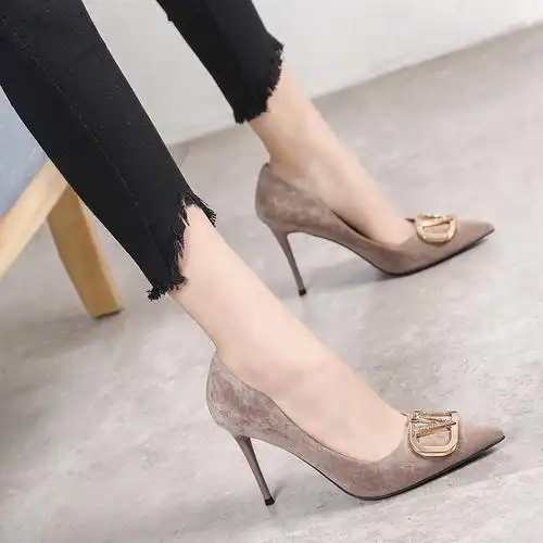 10cm方扣尖头高跟鞋女细跟浅口职业单鞋2020春季单鞋