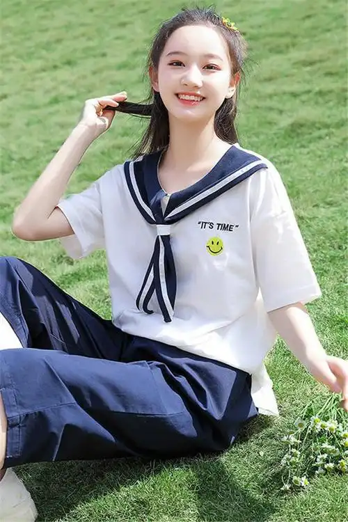 初中生夏装休闲运动套装女新款学院风日系海军领学生七分裤两件套
