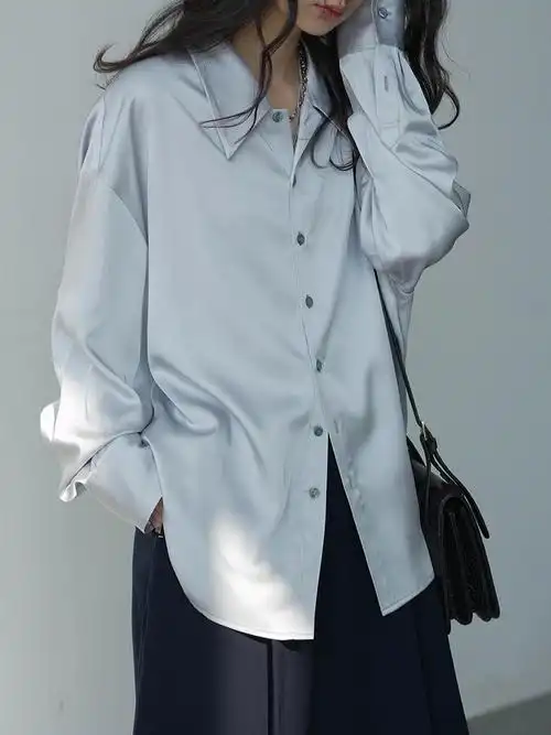 chicven「浮世浪漫」法式高级感宽松缎面尖领纯色衬衫女衬衣早春