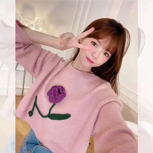 jenniferjxliu韩国东大门秋冬慵懒风粉绿2色字母印花针织毛衣