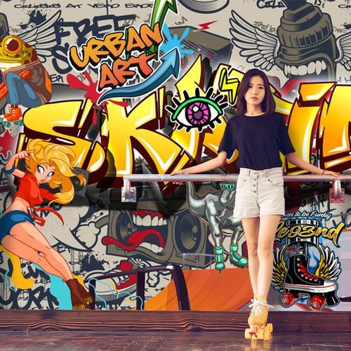 街头涂鸦墙纸旱冰场溜冰轮滑馆墙绘健身房形象背景墙布街舞室壁纸