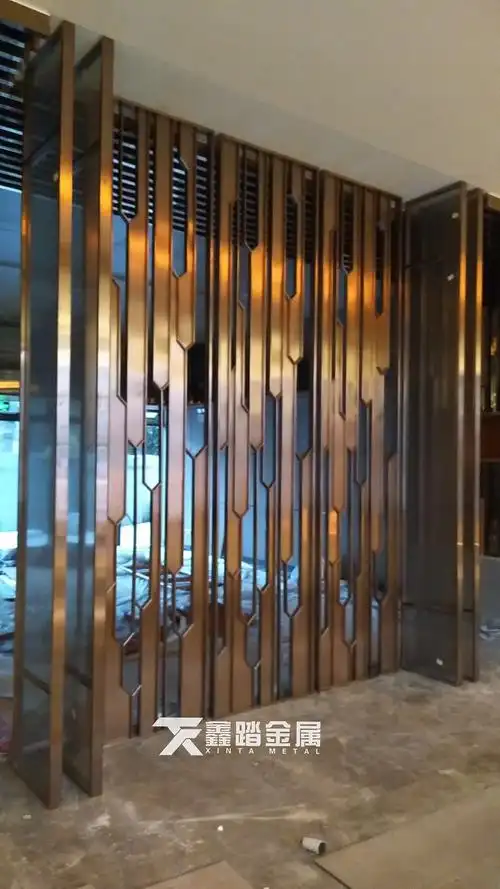 酒店大堂拉丝玫瑰金不锈钢屏风隔断|空间|家装设计|恒鑫踏不锈钢屏风_