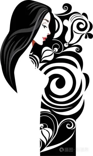 美丽的女孩在轮廓,矢量黑白装饰形象的美丽女孩