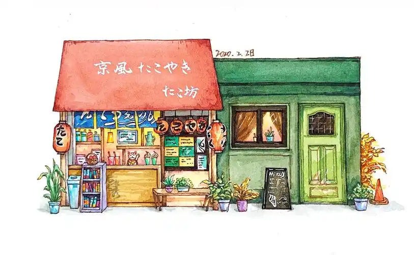 水彩线稿棉浆日式杂货店淡彩小店建筑风景钢笔淡彩填色纸上色线稿