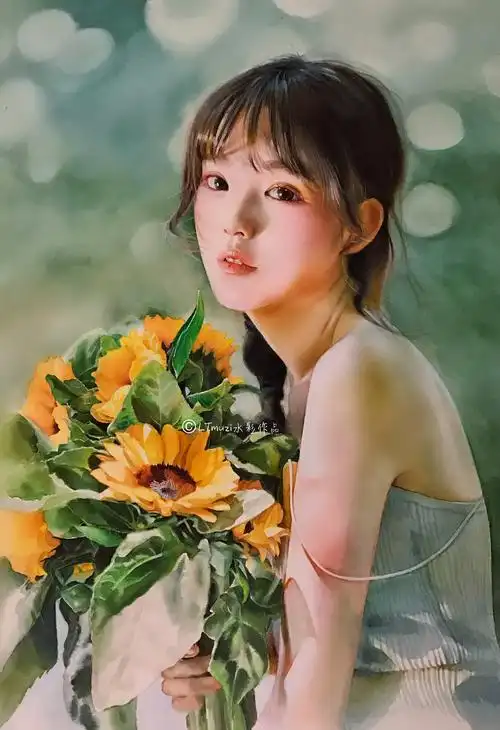 ltmuzi水彩人物《女孩与向日葵》冰岛 |